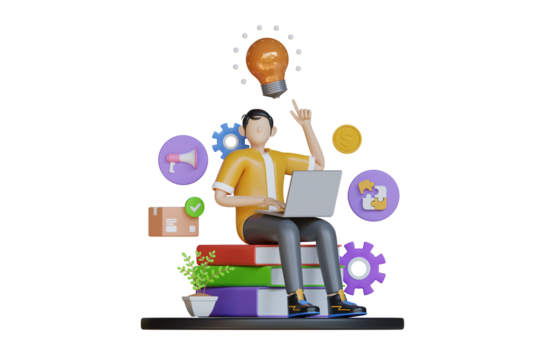 Man with Laptop and Glowing Light Bulb Conceptualizing Business Idea with Gears and Icons in 3D Render on Transparent Background