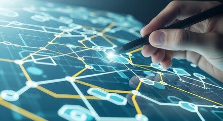 Hand Interacting with Digital Network Map on Screen.