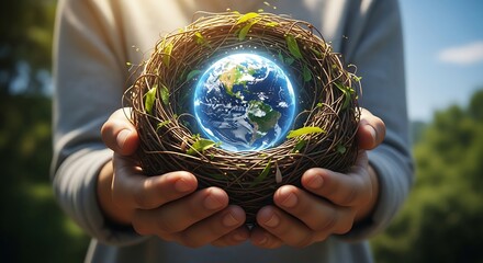 Hands holding a nest with glowing Earth inside symbolizing environmental protection and care.