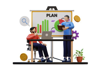 Two businessmen collaborating on a business plan presentation with charts and graphs on a whiteboard in a modern office setting illuminated by soft lighting