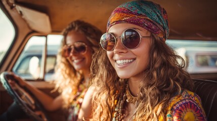 summer holidays road trip vacation travel and people concept smiling young hippie women in car no logos no brands ar 169