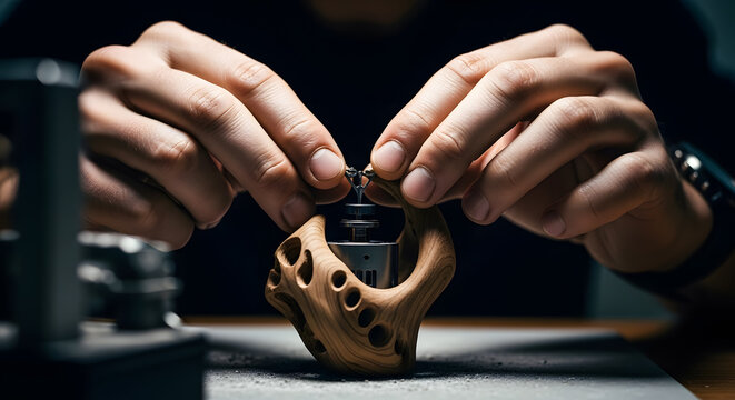 Hands assembling intricate wooden object with metal components male building