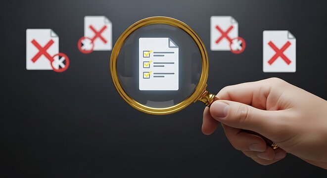 Hand holds magnifying glass over checklist with rejected documents