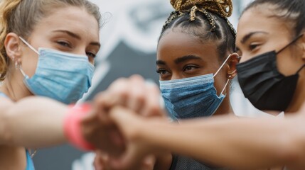 diverse multiracial fit girls friends wear face masks give elbow bump sporty african indian and caucasian young women group noncontact greeting together starting outdoor fitness training closeup no l