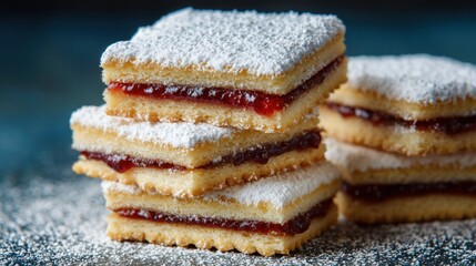 Close-up of stacked square pastries layered with jam and dusted with powdered sugar. The desserts sit on a dark surface