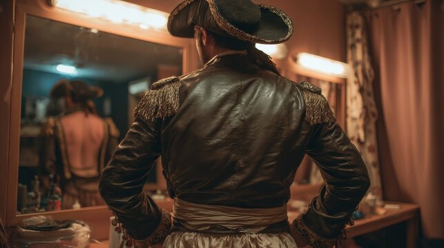 back view of man wearing costume of pirate and standing in front of mirror in dressing room practicing scene from performance no logos no brands ar 169 - Powered by Adobe