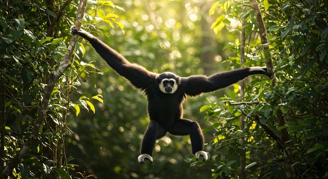 A black gibbon with white face and hands swings through a bright jungle canopy