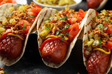 Taco Hot Dog with sausage, pickles, tomatoes and crispy fried onions