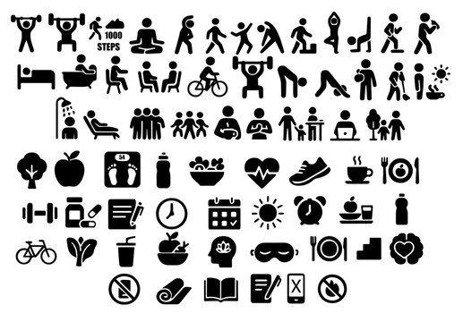 Collection of health and wellness icons depicting various activities and lifestyles for a balanced life