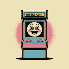 happy arcade cabinet, insert coin banner, smiling screen face, nostalgic game room, retro entertainment machine vector
