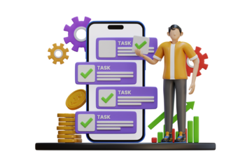 Business Task Management App Showing Completed Tasks On A Smartphone Screen With A Stylized Man Standing Beside A Growing Financial Chart And Gears Representing Organization And Efficiency