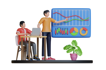 Businessman Presenting Data Analysis Charts on a Blue Screen