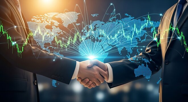 Global Business Partnership Handshake with Digital World Map and Stock Charts.