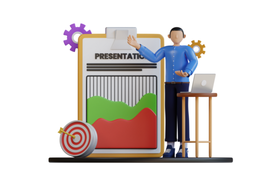 Business Man Character Presenting Financial Growth Chart Data on Clipboard with Laptop and Target Board on Transparent Background
