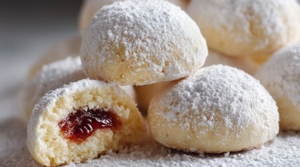 Powdered pastries stacked, one sliced open reveals a fruit filling