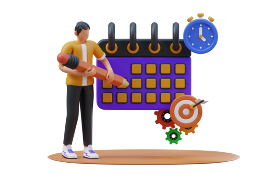 Male character planning campaign activities with pencil writing on purple calendar with target clock and gears on orange background illustration
