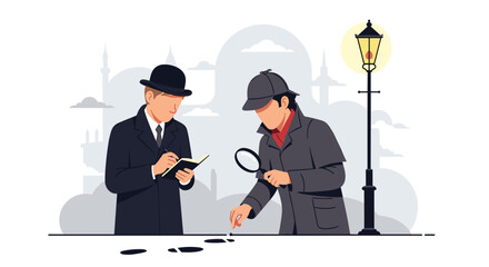 Victorian Era Detectives Investigate Mysterious Footprints on City Street Under Lamplight