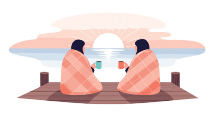 Two friends wrapped in blankets share warm drinks on a peaceful pier at sunrise overlooking the ocean