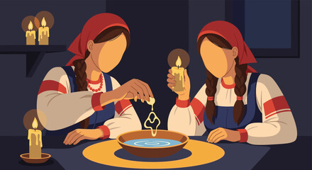 Two Women Dressed in Traditional Clothing Performing a Candle Divination Ritual