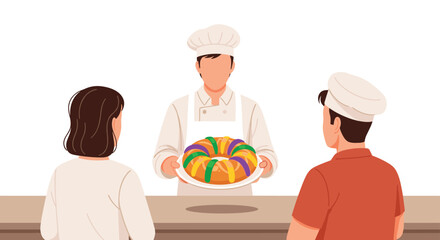 Chef Presents Traditional King Cake to Customers for Mardi Gras Celebration