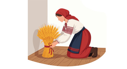 Traditional Ukrainian Woman Tying Sheaf of Wheat Harvest Festival Celebration