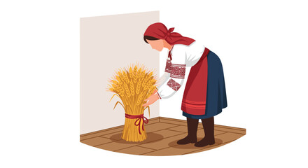 Harvesting wheat in traditional folk costume celebrating agriculture and rural life
