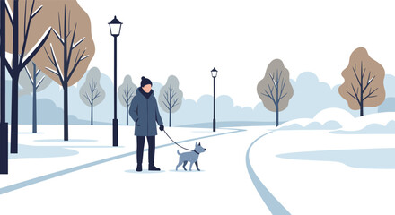 A Person Walks Their Dog on a Snowy Winter Day in a Park