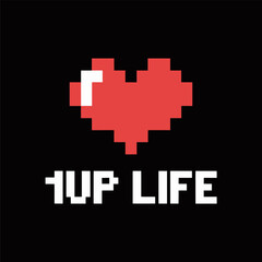 Fototapeta premium Pixel heart life icon, retro 1UP gaming message, arcade style graphic, nostalgic gamer poster, vector illustration