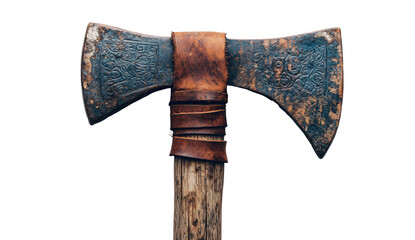 Detailed double-bladed axe with leather wrap, textured steel on black