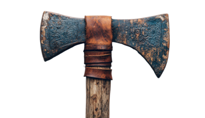 Detailed double-bladed axe with leather wrap, textured steel on black