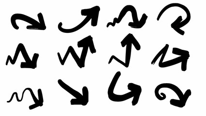 Collection of black hand drawn arrows in various styles and directions, including curved, zigzag, and straight forms, on white background. arrows convey dynamic and artistic feel