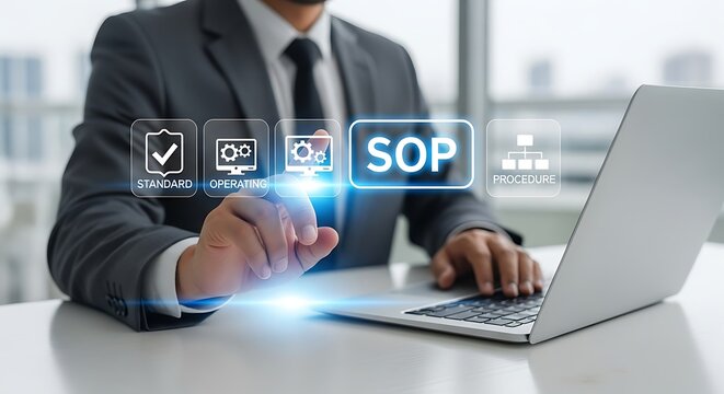 Businessman interacts with standard operating procedure interface