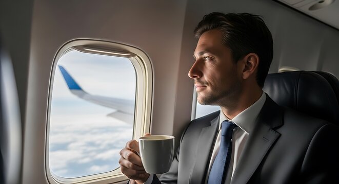 Man in Suit Holding Coffee Cup Looking Out Airplane Window.