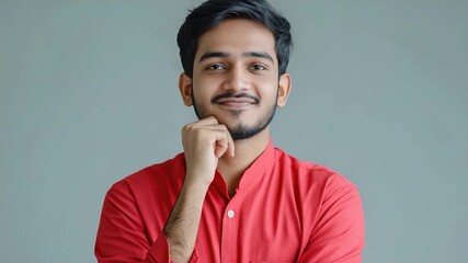 A person posing for a photo in a bright red shirt, ideal for use as a stock image