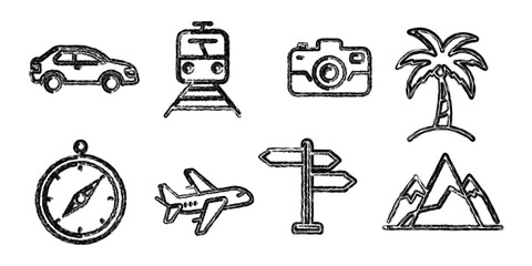 Travel Item Brush Line Illustration, Vacation Essentials Line Art, Journey Equipment Vector Design, Minimal Travel Accessories Outline, Tourism Brush Line Art