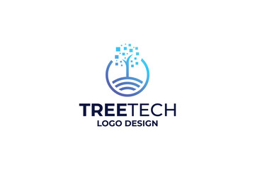 Fototapeta premium tree technologies logo design template with pixel leaf