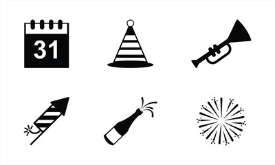 New Year Celebration Icon Set with Calendar, Party Hat, Fireworks, and Champagne Bottle