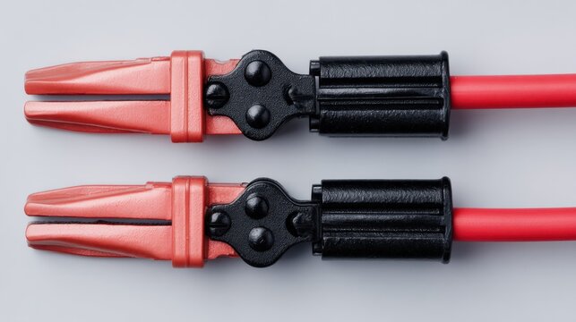 Two identical red-and-black test clip assemblies extend on a light gray background, showing a close-up of the clamping jaws