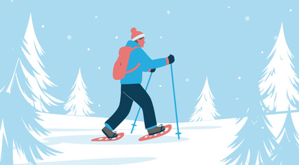 Winter landscape with man snowshoeing among snow covered trees during gentle snowfall in nature