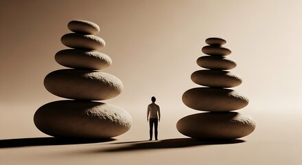 Small Figure Between Two Tall Stone Stacks Representing Balance and Perspective.