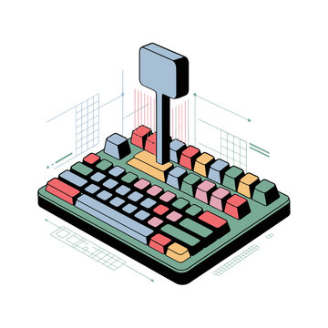 Mechanical keyboard concept, switch keys and cables, data charts rising, professional gaming setup illustration, clean vector design