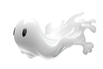 Glossy, white ghost with small black eyes floats against a stark black background