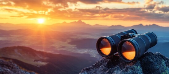Binoculars on Mountaintop at Sunset