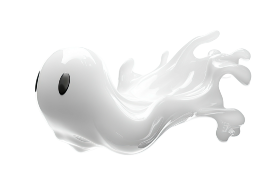 Glossy, white ghost with small black eyes floats against a stark black background