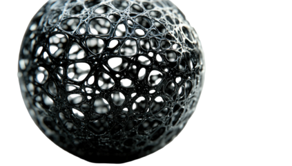 Porous dark sphere shows interconnected cell structure on a black background