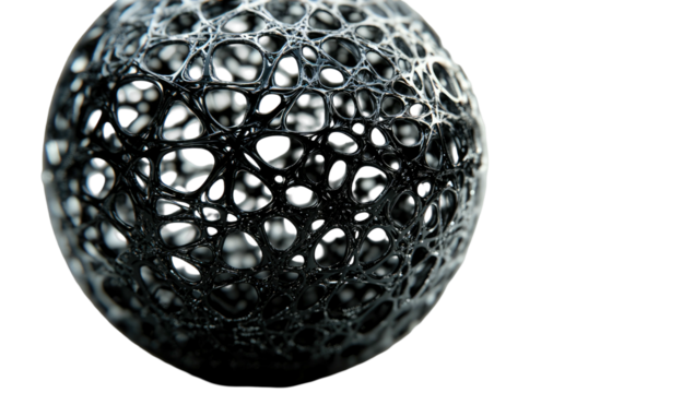 Porous dark sphere shows interconnected cell structure on a black background