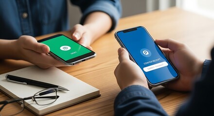 Two people using smartphones for mobile banking or payment apps, showcasing digital transactions and financial technology.