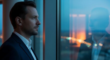 Naklejka na ściany i meble Thoughtful businessman looking out office window at city lights.