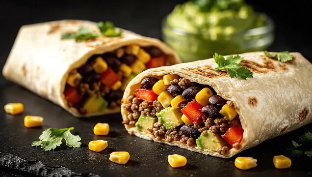 Close up of two burritos filled with meat, beans, corn, avocado, and red pepper on a black surface