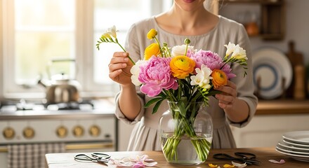 Woman arranging beautiful flowers in a vase at home.